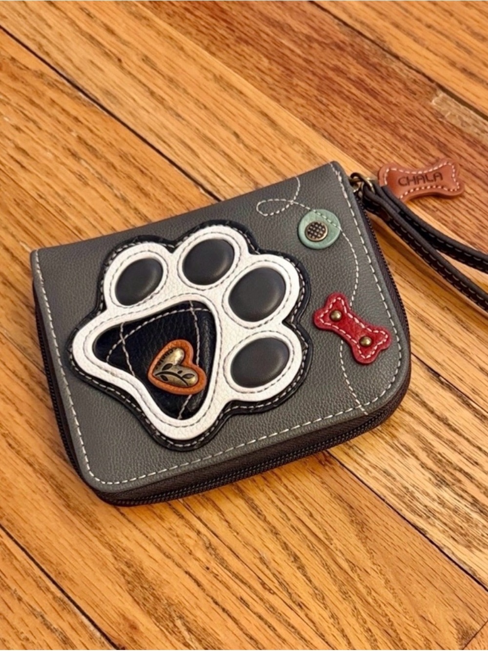 Chala Gray Paw Print Wristlet Coin Purse with Colorful Appliqués